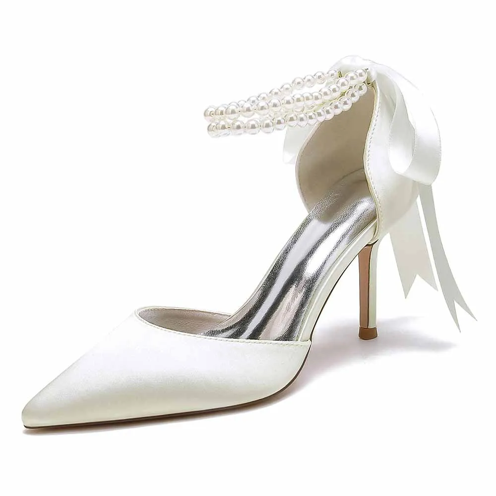 Closed Toe Wedding Shoes Satin Pearls Lace-Up Ankle Strap Bridal Heels