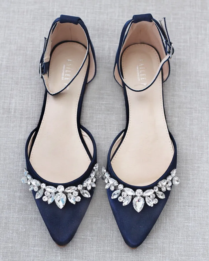 Satin Pointy Toe Flats with Teardrop Rhinestones Embellishments