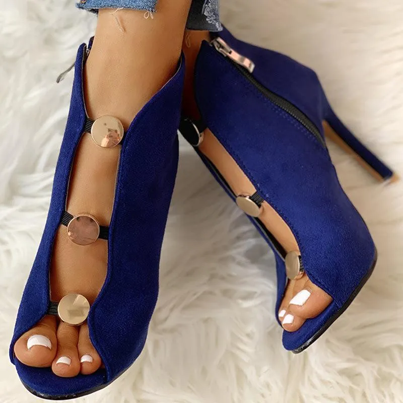 Suede Metal Buttoned Peep Toe Thin Heeled Boot