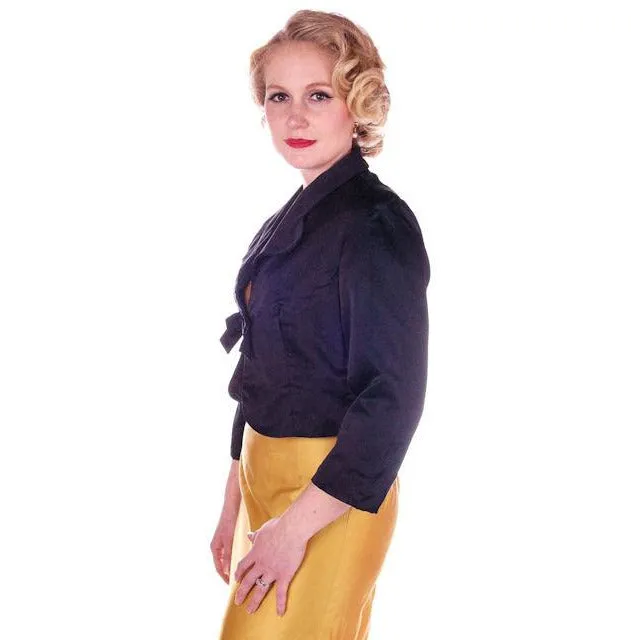 Vintage Black Satin Short Evening Jacket Mary Agnes 1950 41" Bust Small