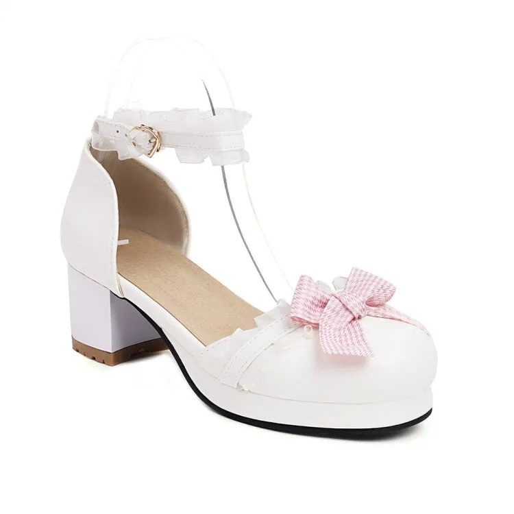 Women's Lolita Closed Toe Lace Butterfly Knot Ankle Strap Block Heel Sandals