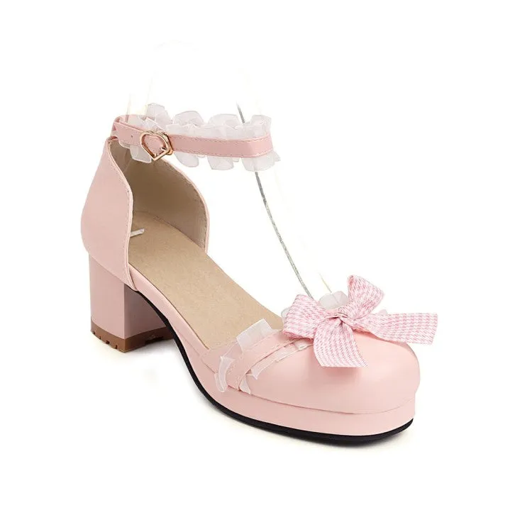 Women's Lolita Closed Toe Lace Butterfly Knot Ankle Strap Block Heel Sandals
