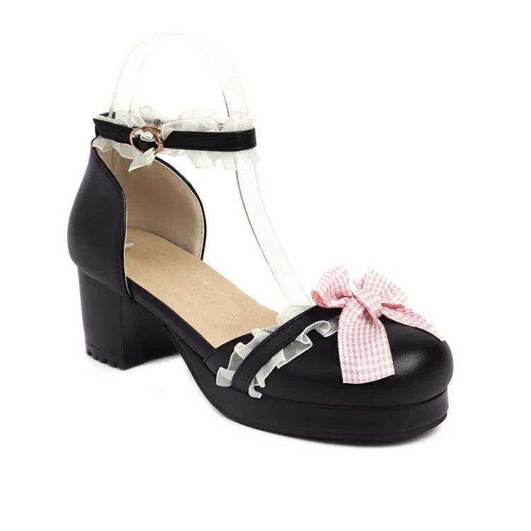 Women's Lolita Closed Toe Lace Butterfly Knot Ankle Strap Block Heel Sandals
